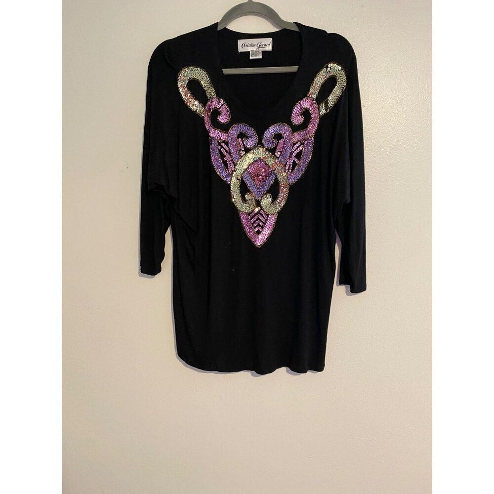 Vintage Christine Gerard Sequin Embellished Black Rayon Top & Skirt Set M - Picture 2 of 15